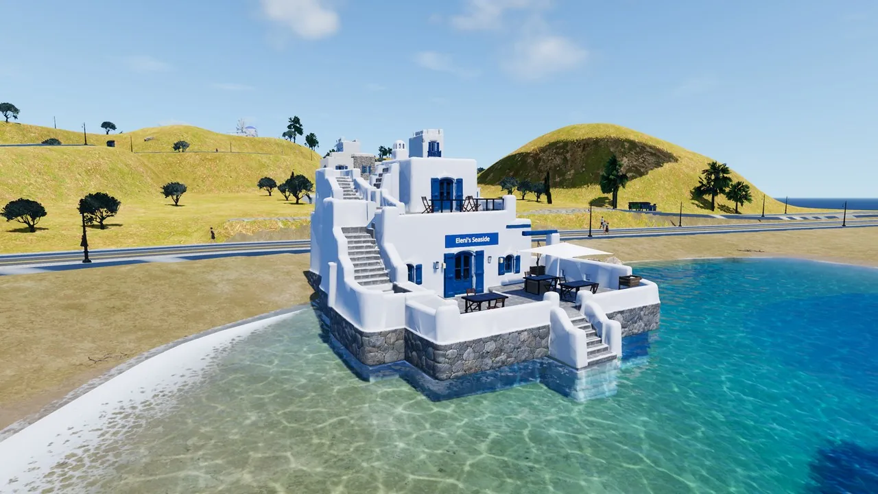 Eleni's Seaside, a terraced restaurant standing in the shallows of Beach Bay