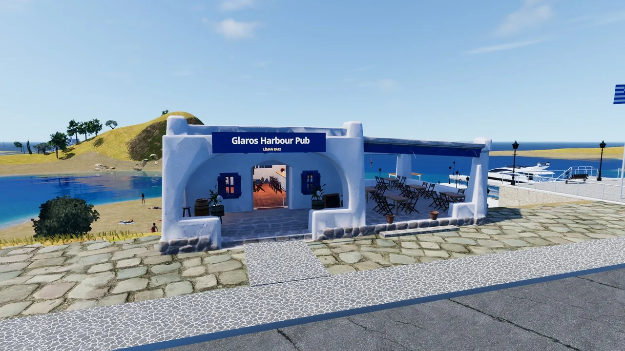 Glaros Harbour Pub, a whitewashed tavern with a shaded terrace by the harbour