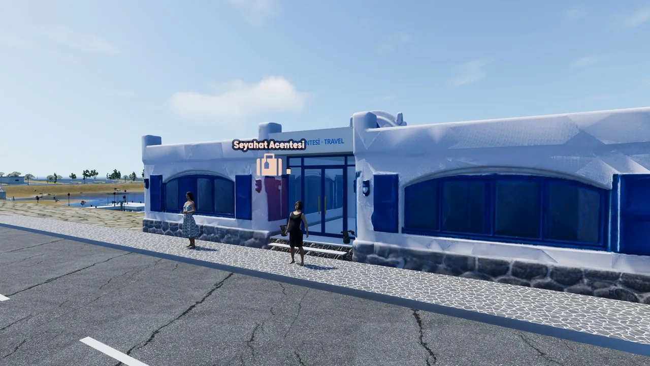 Aegean Journeys Travel agency with big blue shop windows on the harbour road