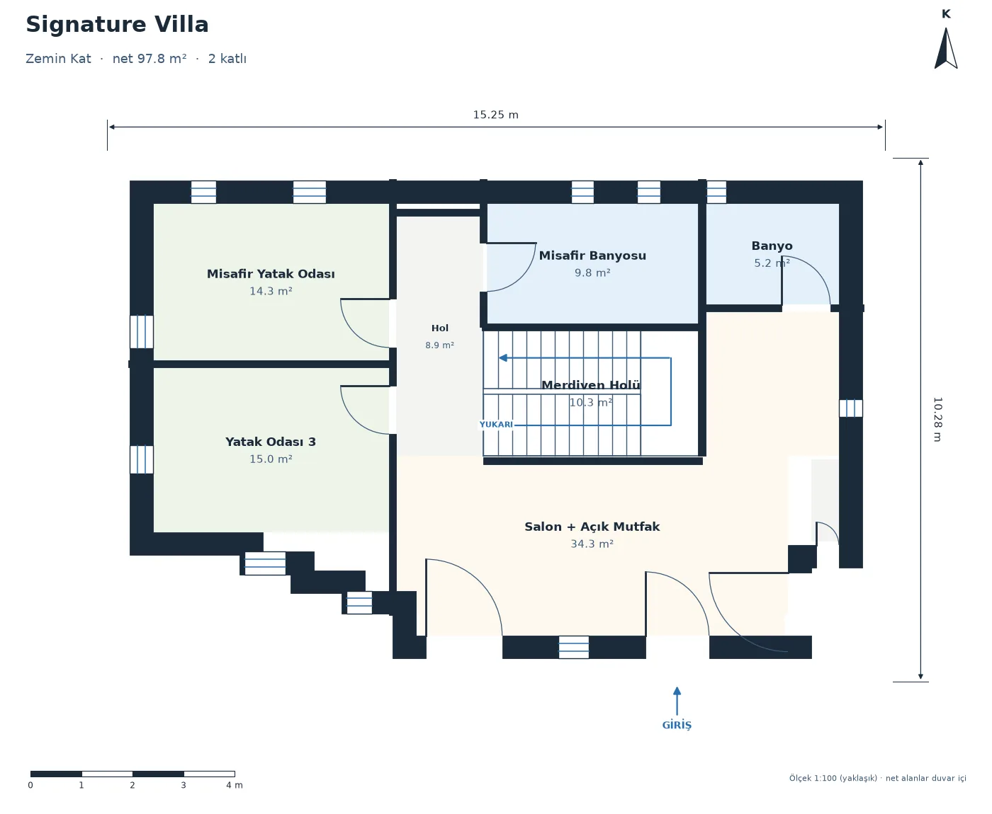 Floor plan of the Signature villa's ground floor with room areas (labels in Turkish)