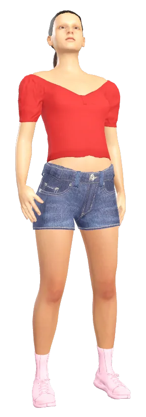 Female player look: red retro top, denim shorts and pink tennis shoes