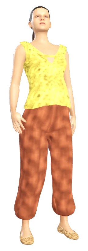 Female player look: yellow keyhole tank top, terracotta harem trousers and flats