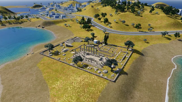 Close aerial of the ancient temple ruins with columns, a small theatre and olive trees