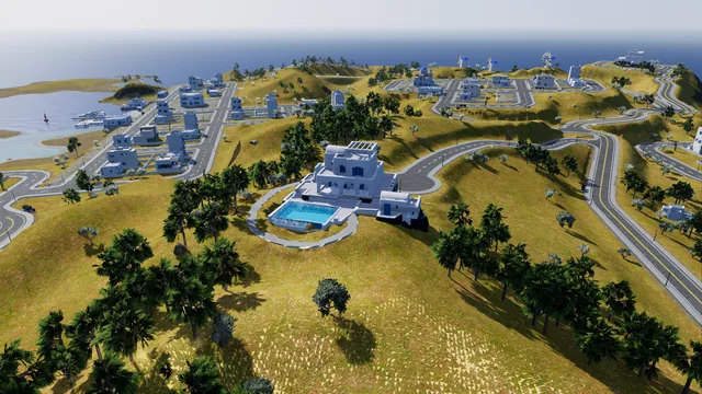The second Signature villa and its pool on the island's central summit, looking over the town