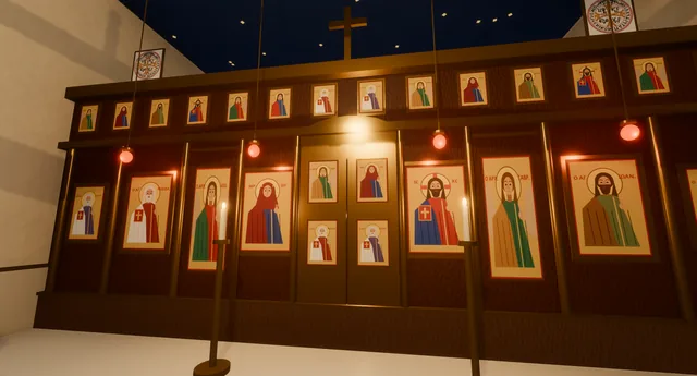 The church iconostasis with painted icons and hanging lamps