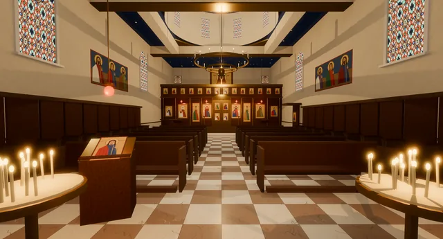 Inside the Old Town church: candle stands, pews and the painted iconostasis