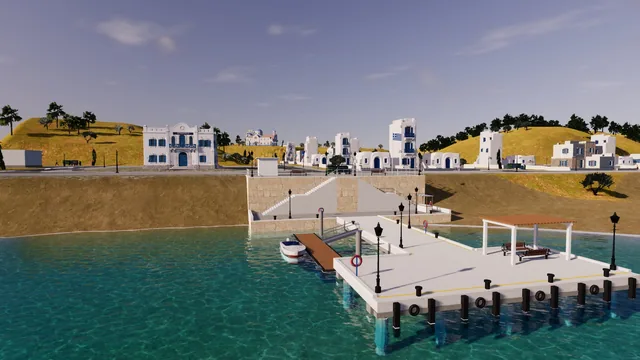 The harbour pier on a sunny afternoon: crystal-clear water, a small boat and the town hall behind