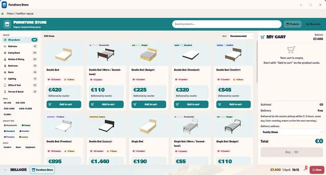 Furniture Store app: items by room with quality-tier badges, stat bonuses and a delivery cart (some labels still in Turkish)