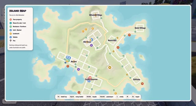 Full island map with district names, shops, houses, beaches and a legend (the control hints are still in Turkish)
