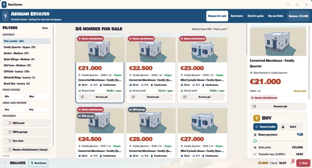 Aegean Estates real-estate app: 84 houses for sale with district filters, prices, rental yield and a buy panel (some labels still in Turkish)