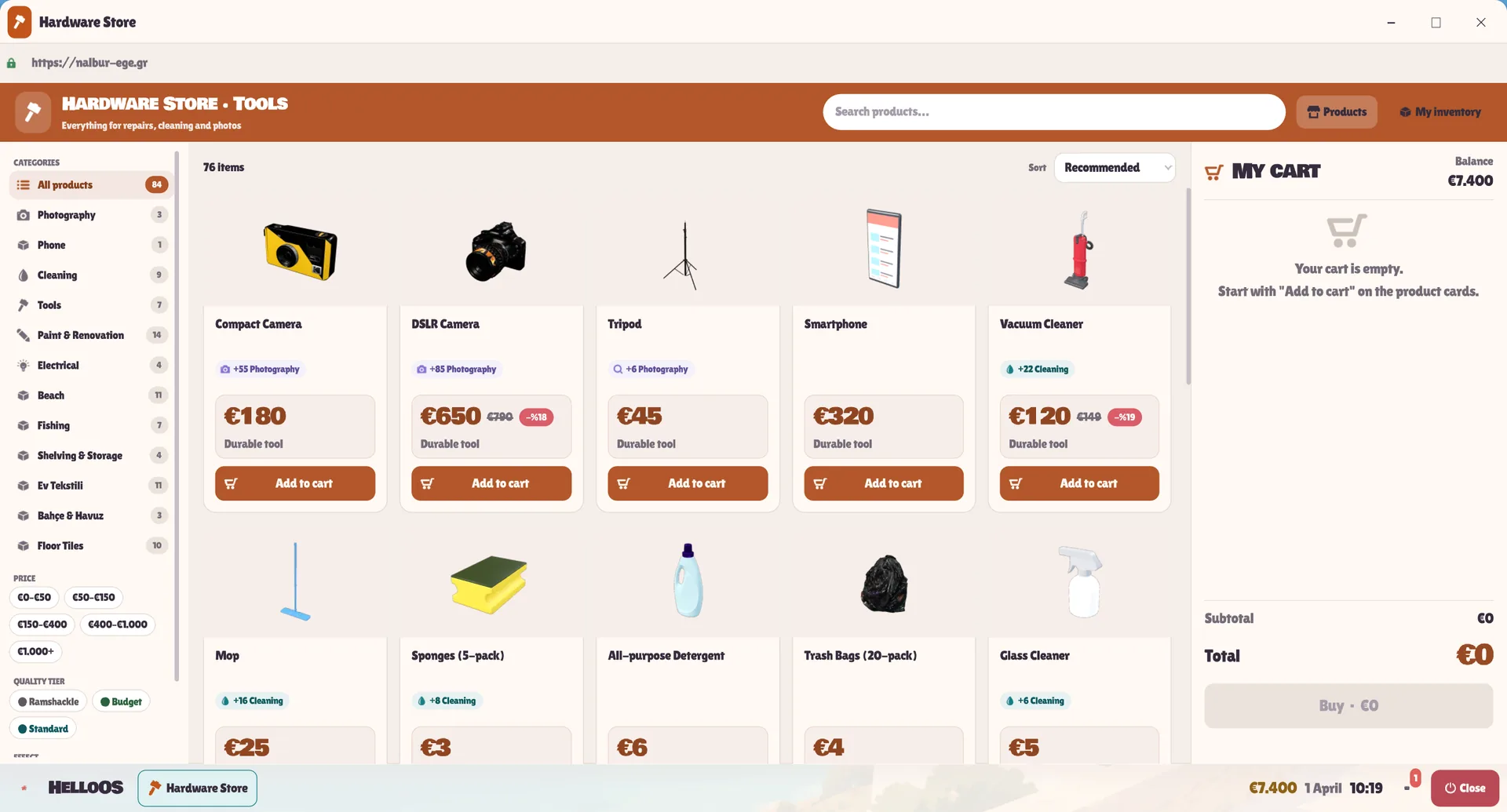 Hardware Store app: cameras, tools, cleaning gear and phones with their effects and prices (some category labels still in Turkish)
