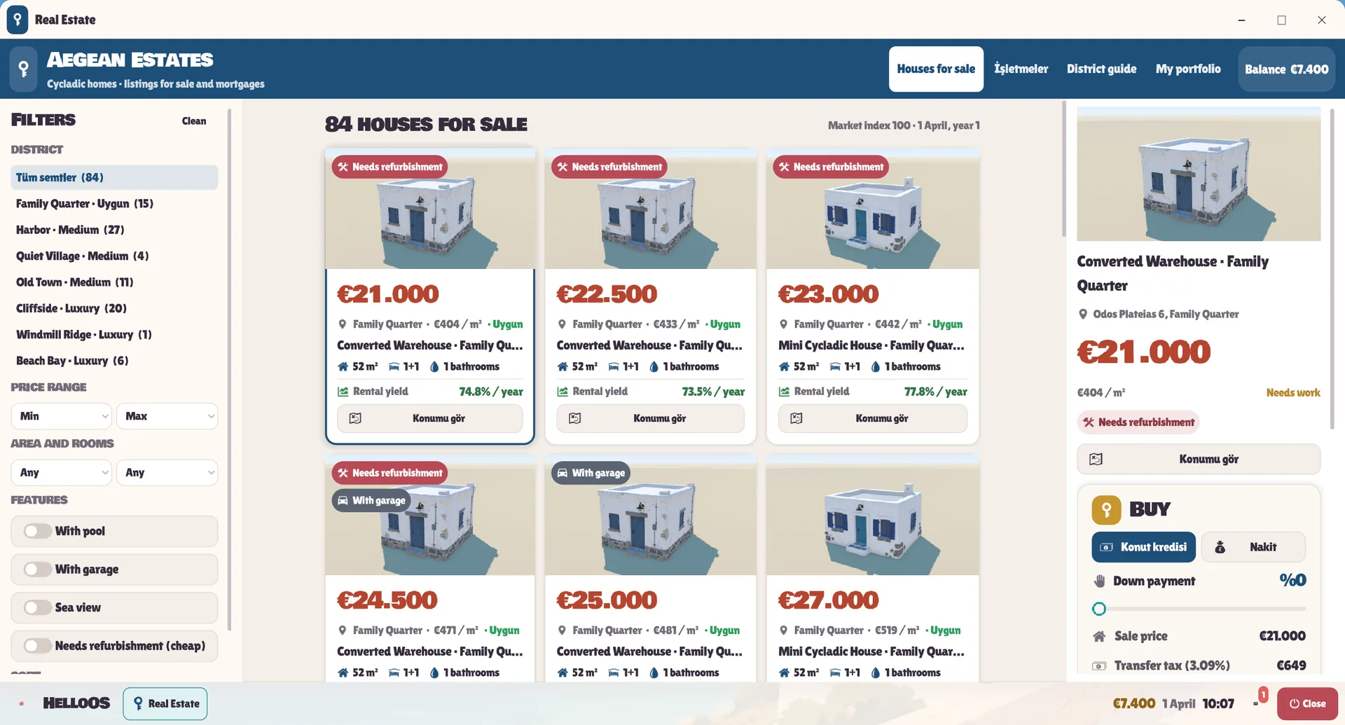 Aegean Estates real-estate app: 84 houses for sale with district filters, prices, rental yield and a buy panel (some labels still in Turkish)