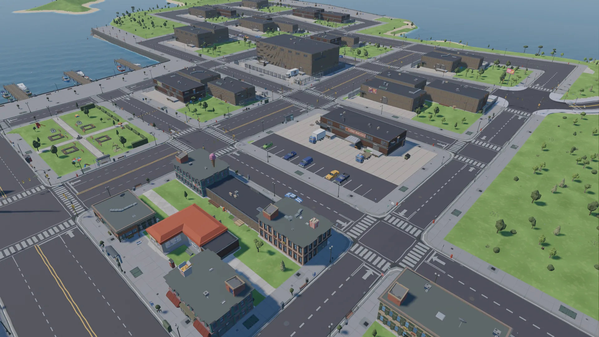 The flower wholesaler's loading yard with delivery trucks, a playground park and the port warehouses behind