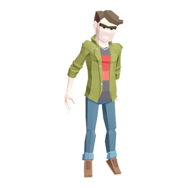 The player character: a low-poly young man in a green jacket, striped T-shirt and jeans