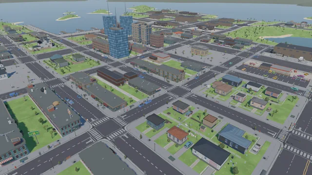 Lakeside homes with gardens and fences, row shops and the car dealership's forecourt