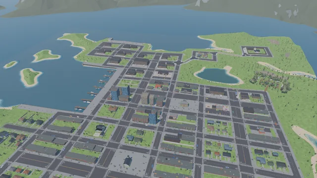 Bird's-eye view of the whole town by day: the street grid, marina piers, port warehouses, a lake and the caravan park in the woods