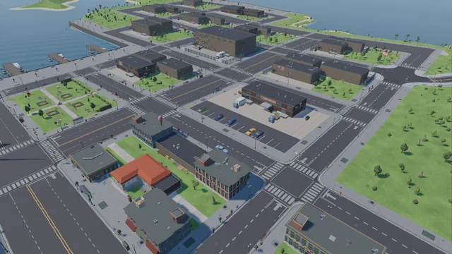 The flower wholesaler's loading yard with delivery trucks, a playground park and the port warehouses behind