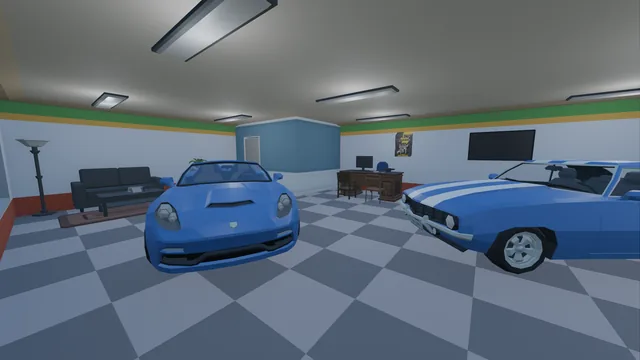 The car dealership showroom with two cars on a checkered floor