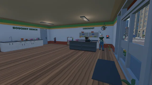 The checkout counter with the uncle behind the till and the bouquet bench along the wall