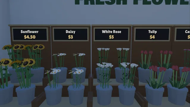 Flower buckets on the display stand with chalkboard price tags: sunflower, daisy, white rose, tulip