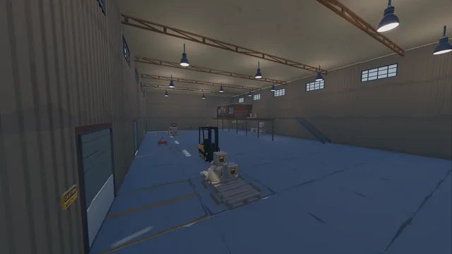 The empty industrial warehouse floor with a forklift, pallets and a mezzanine