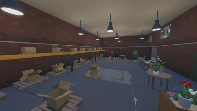 The wholesaler's depot hall with pallet racks, boxes and a forklift