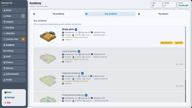 Academy purchase screen comparing street pitch, local, regional and professional academies