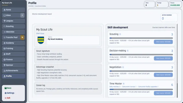 Director profile with scouting, decision-making and negotiation skill courses