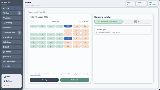 Club hub with the season calendar and upcoming matches