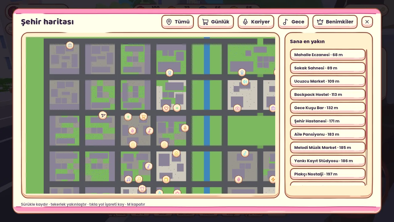 The in-game city map with filterable pins for career, nightlife and daily venues