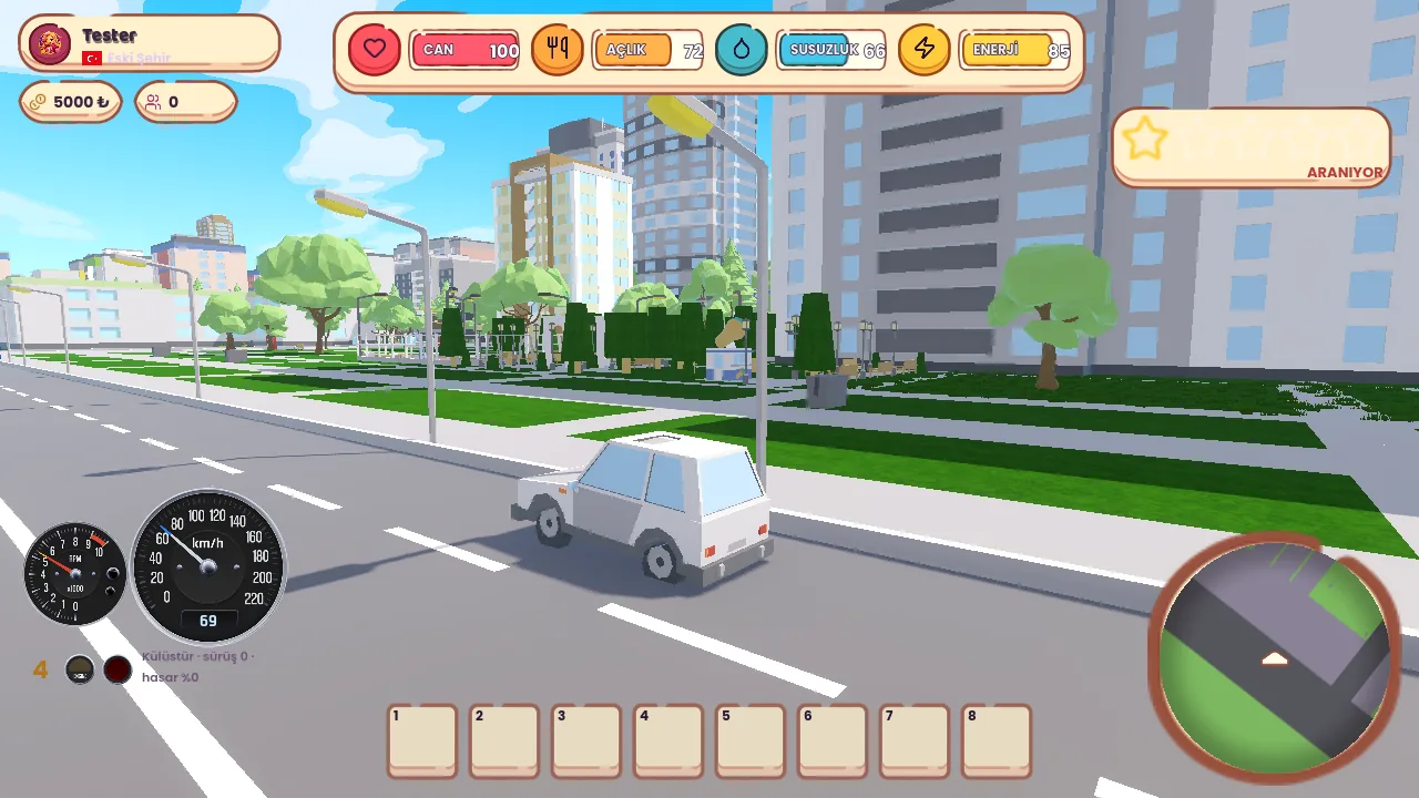 Driving through the Old Town district with the full HUD and minimap visible