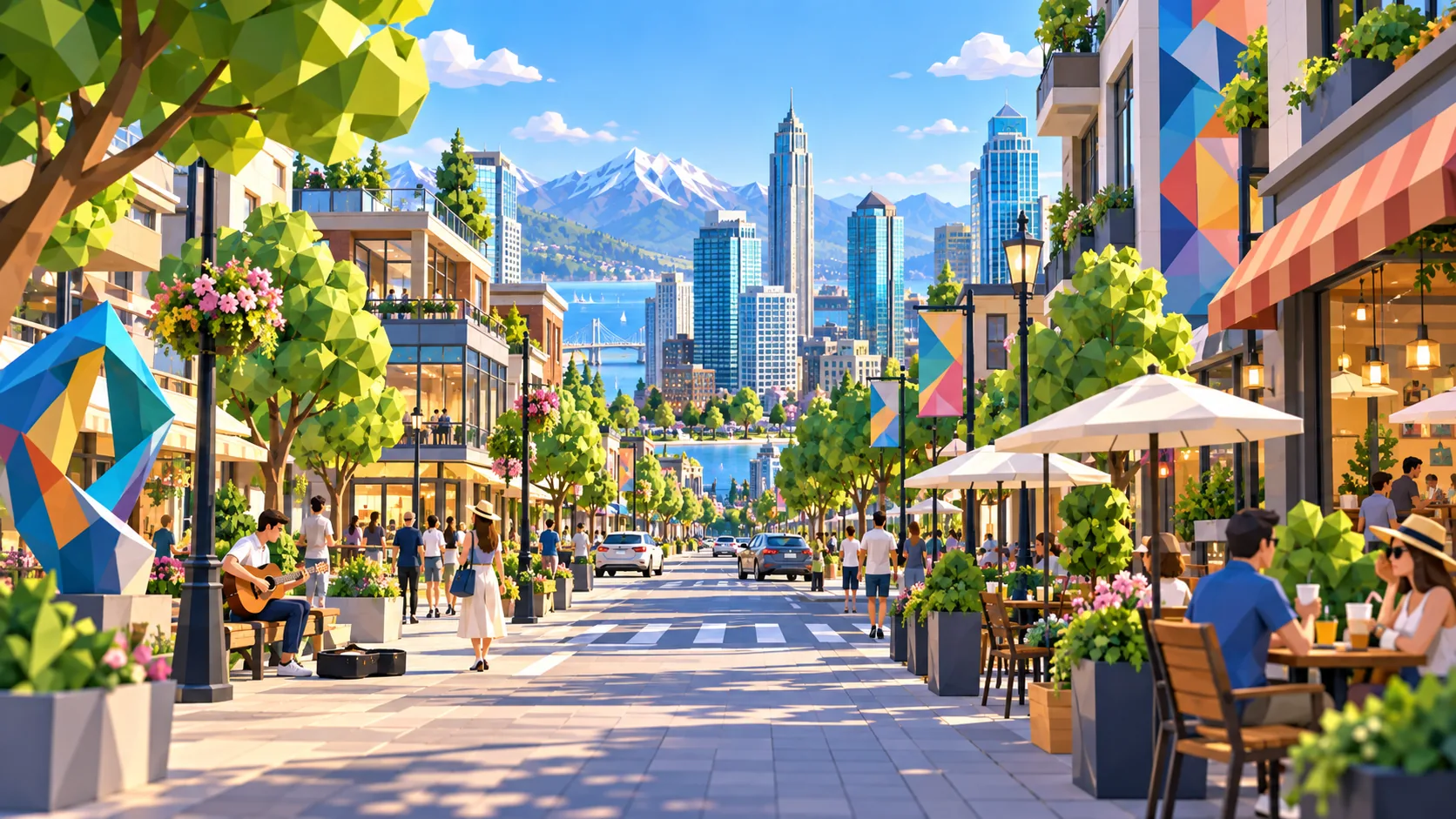 A street musician busking on a lively city promenade lined with cafés