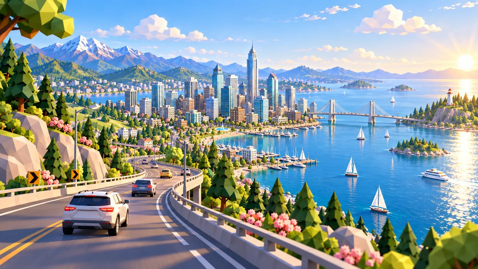 Driving the coastal road into the city at sunrise, skyline and bay ahead