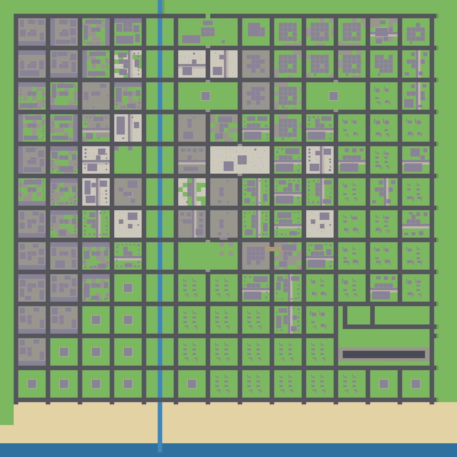 Top-down map of the city: street grid, river, harbour, marina, beach and airport
