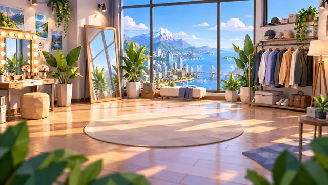 A sunlit dressing room overlooking the city, wardrobe rack and vanity mirror