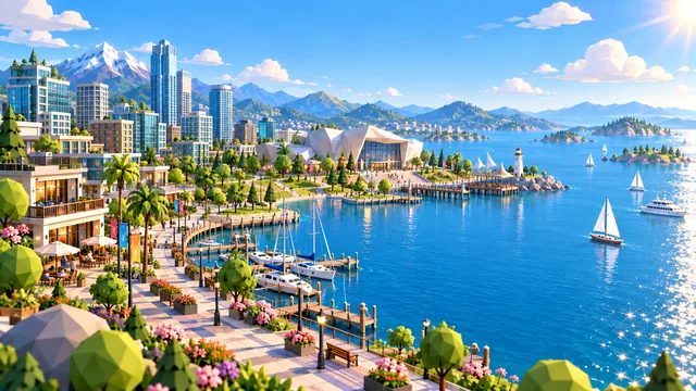 The marina and concert hall on a sunny day, sailboats in the bay