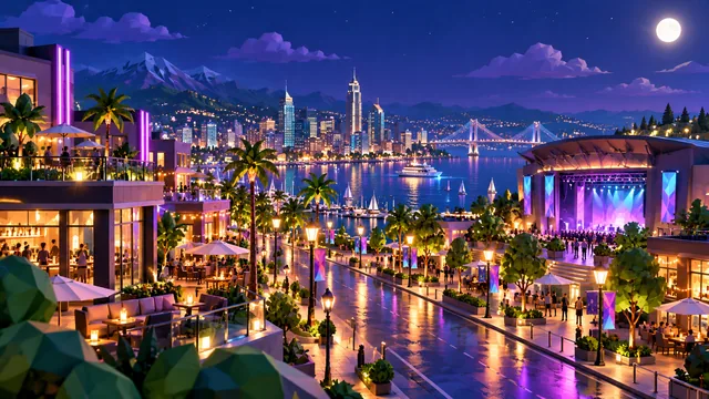 The city promenade at night lit in neon pink and purple, an outdoor stage playing to a crowd