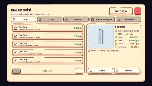 Real estate office listing screen showing a penthouse's price, income and monthly rent