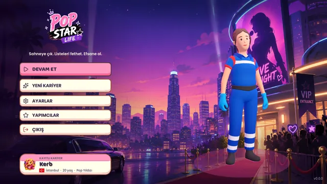 The main menu: Pop Star Life 2 logo, saved career card, and a neon-lit city red carpet behind the player