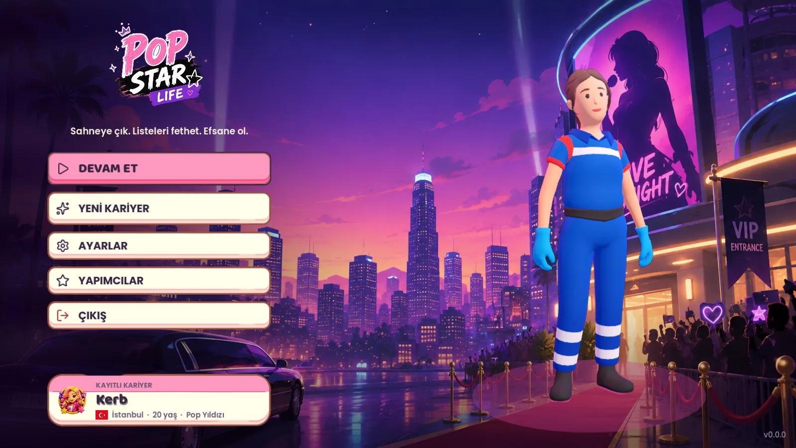 The main menu with the Pop Star Life logo and the player character on a neon red carpet