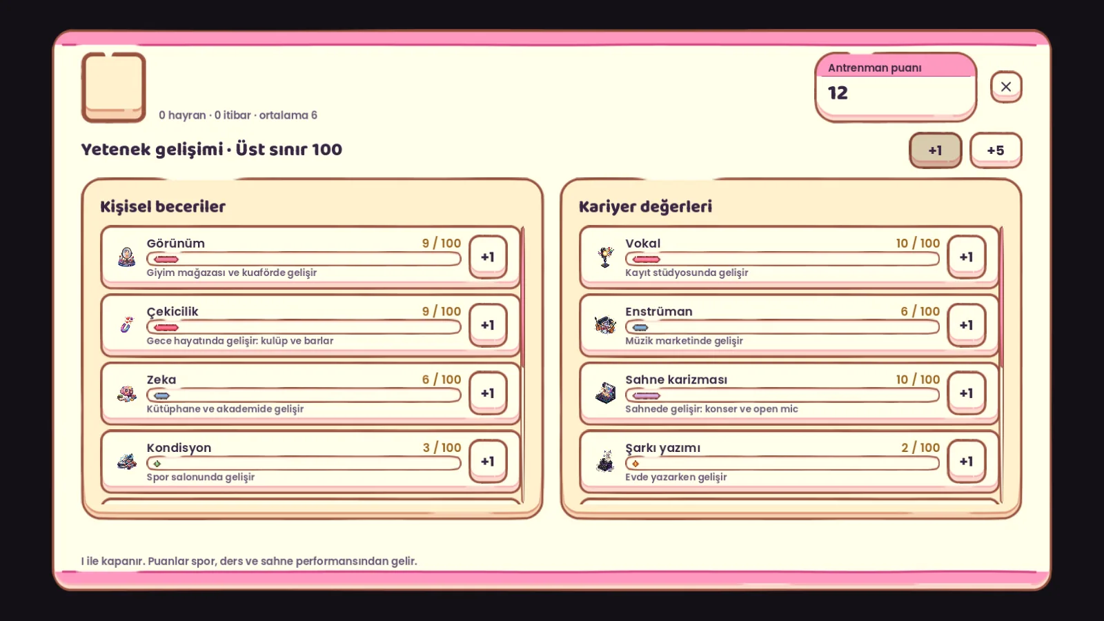 The skills screen showing personal skills and career stats levelled with skill points
